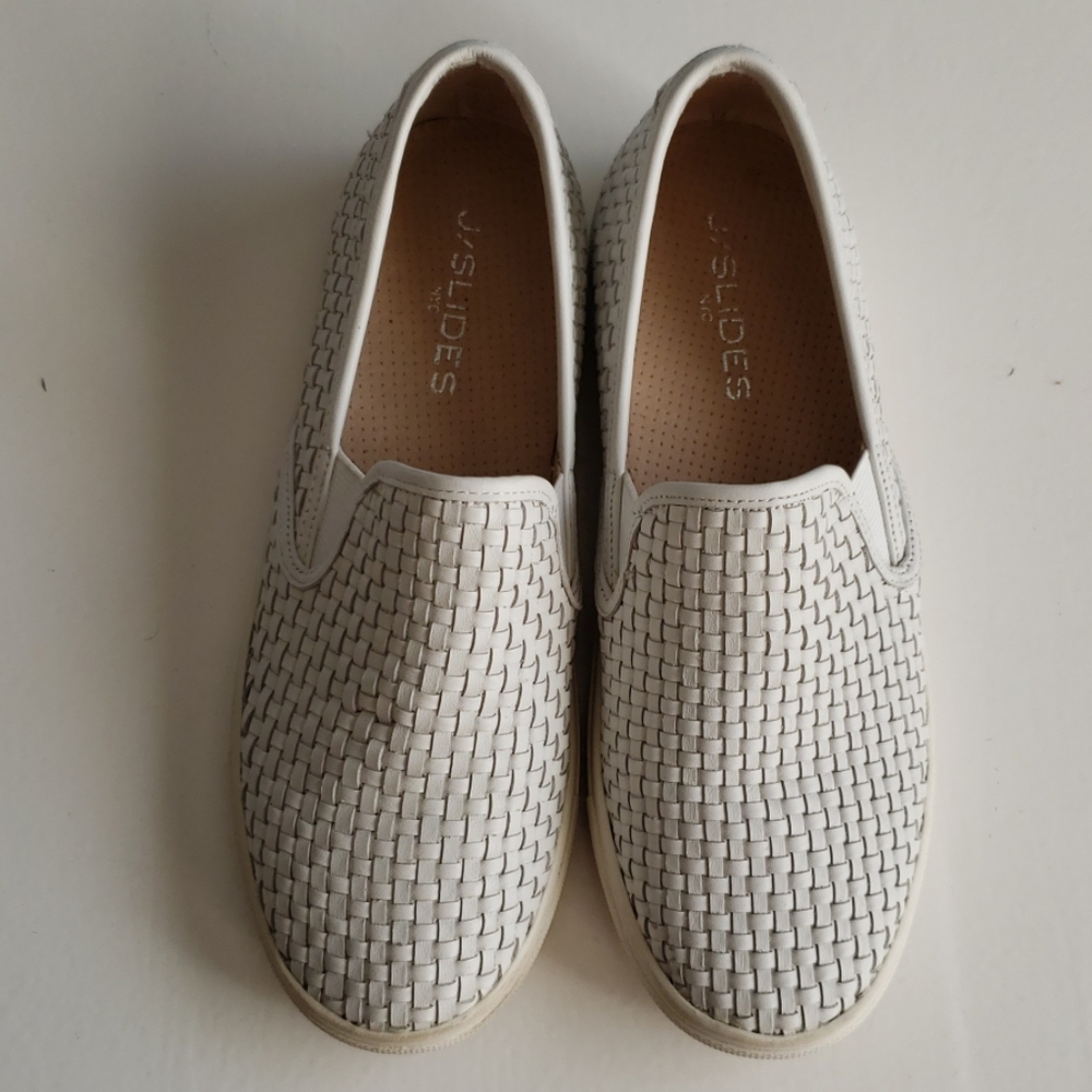 White Woven Leather J Slides